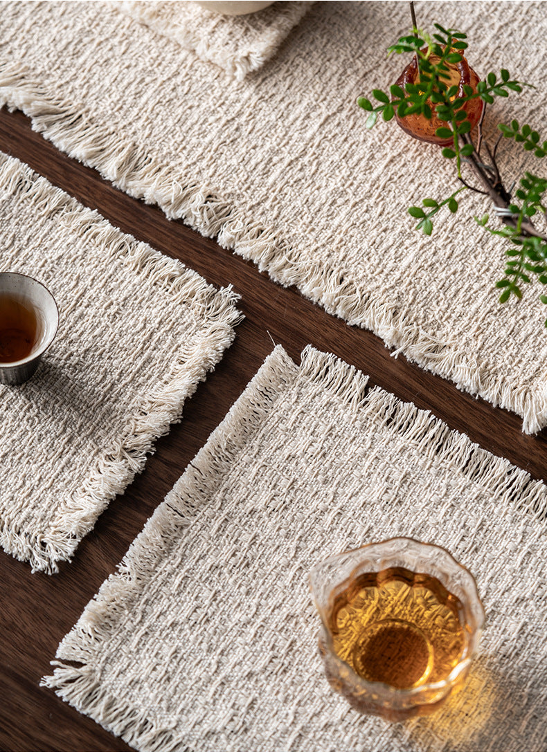 HemRitual Handcrafted Cotton Linen Placemat | Rustic Woven Tea Mat with All-Around Fringe