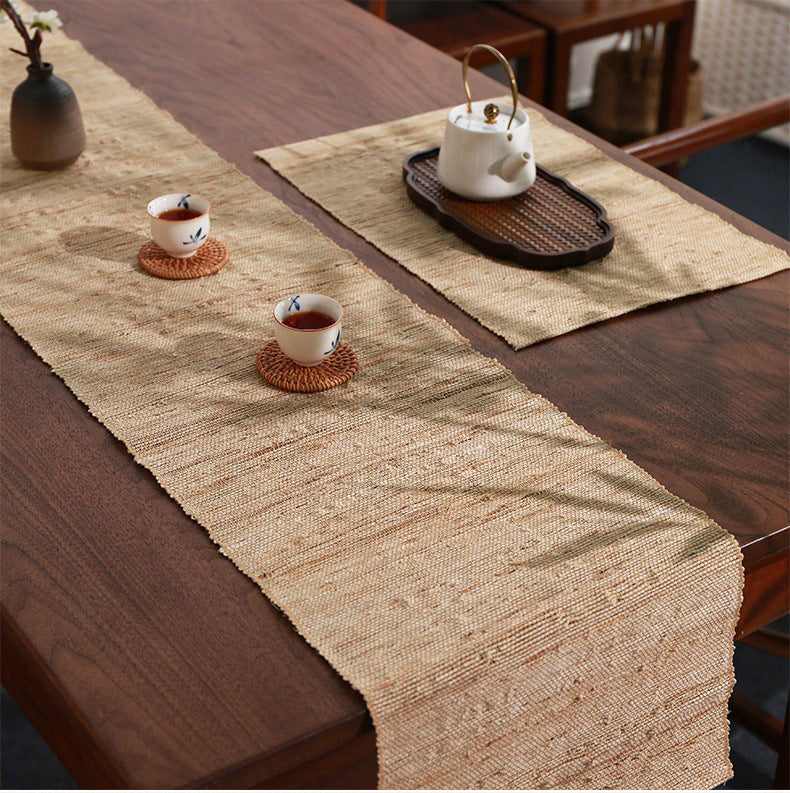 HemRitual Handwoven Natural Ramie Table Runner | Wabi-Sabi Zen Tea Mat & Table Decor