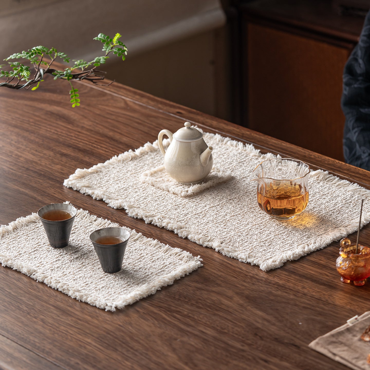 HemRitual Handcrafted Cotton Linen Placemat | Rustic Woven Tea Mat with All-Around Fringe