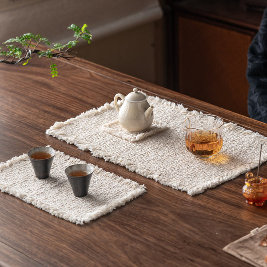 HemRitual Handcrafted Cotton Linen Placemat | Rustic Woven Tea Mat with All-Around Fringe