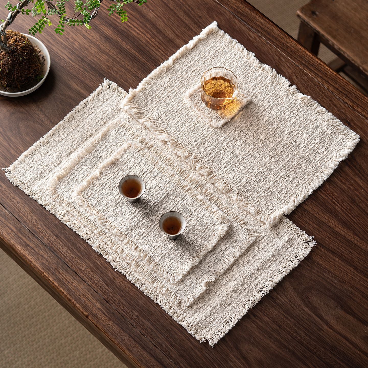 HemRitual Handcrafted Cotton Linen Placemat | Rustic Woven Tea Mat with All-Around Fringe