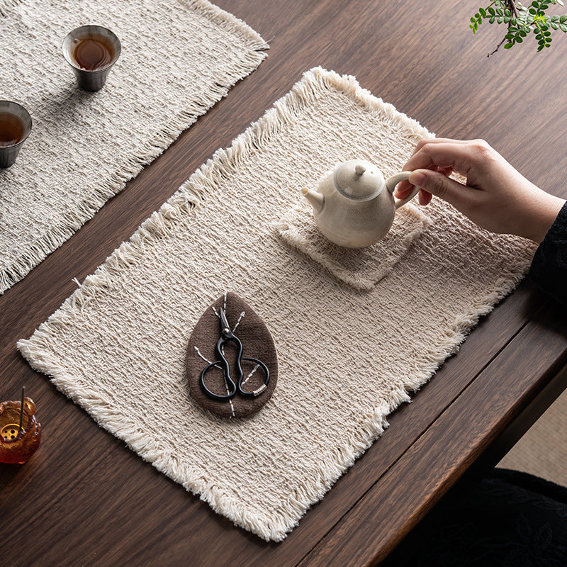 HemRitual Handcrafted Cotton Linen Placemat | Rustic Woven Tea Mat with All-Around Fringe