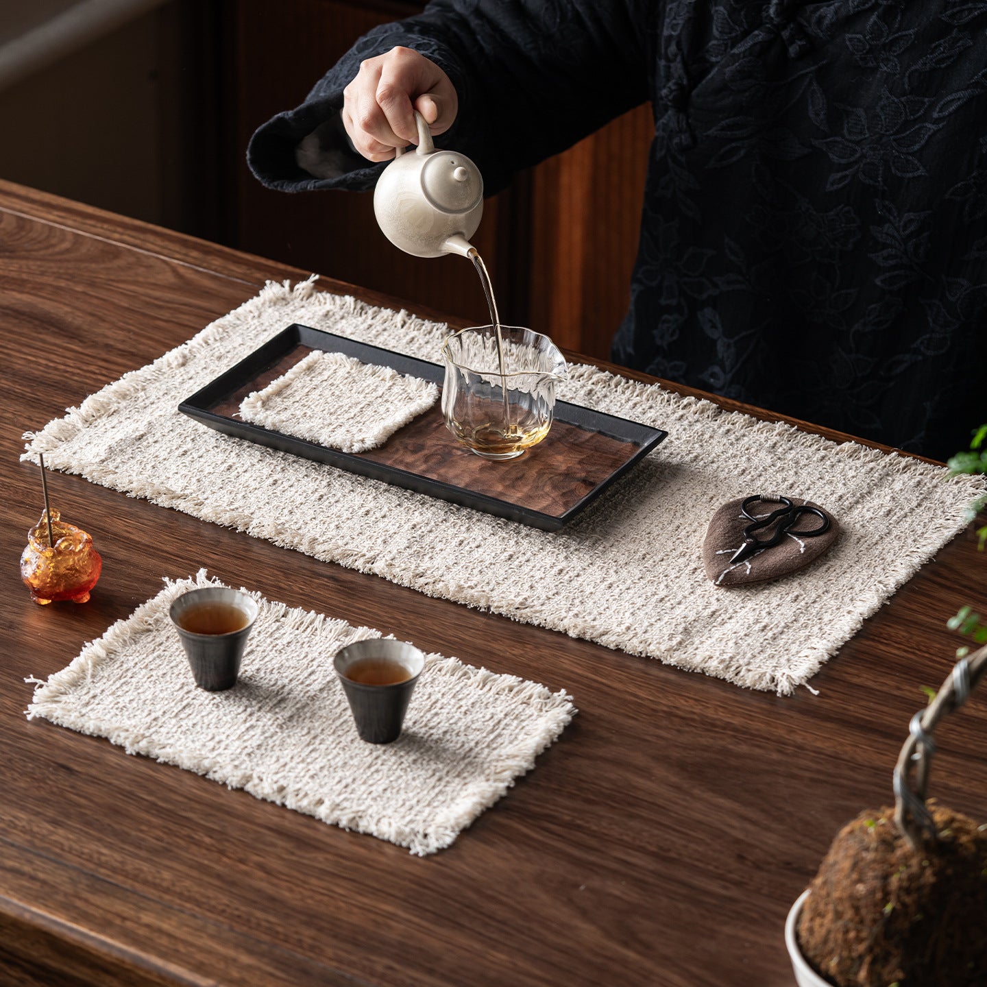 HemRitual Handcrafted Cotton Linen Placemat | Rustic Woven Tea Mat with All-Around Fringe