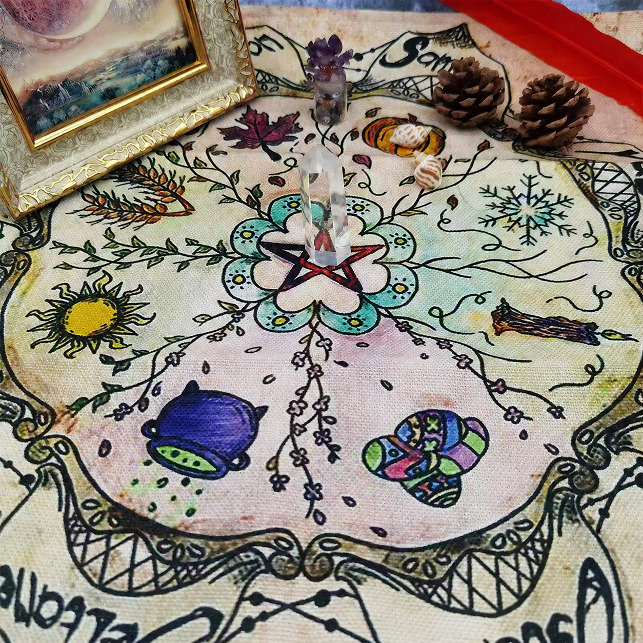 HemRitual Table Runner & Ritual Mat - Natural Texture Sacred Geometry Altar Decor
