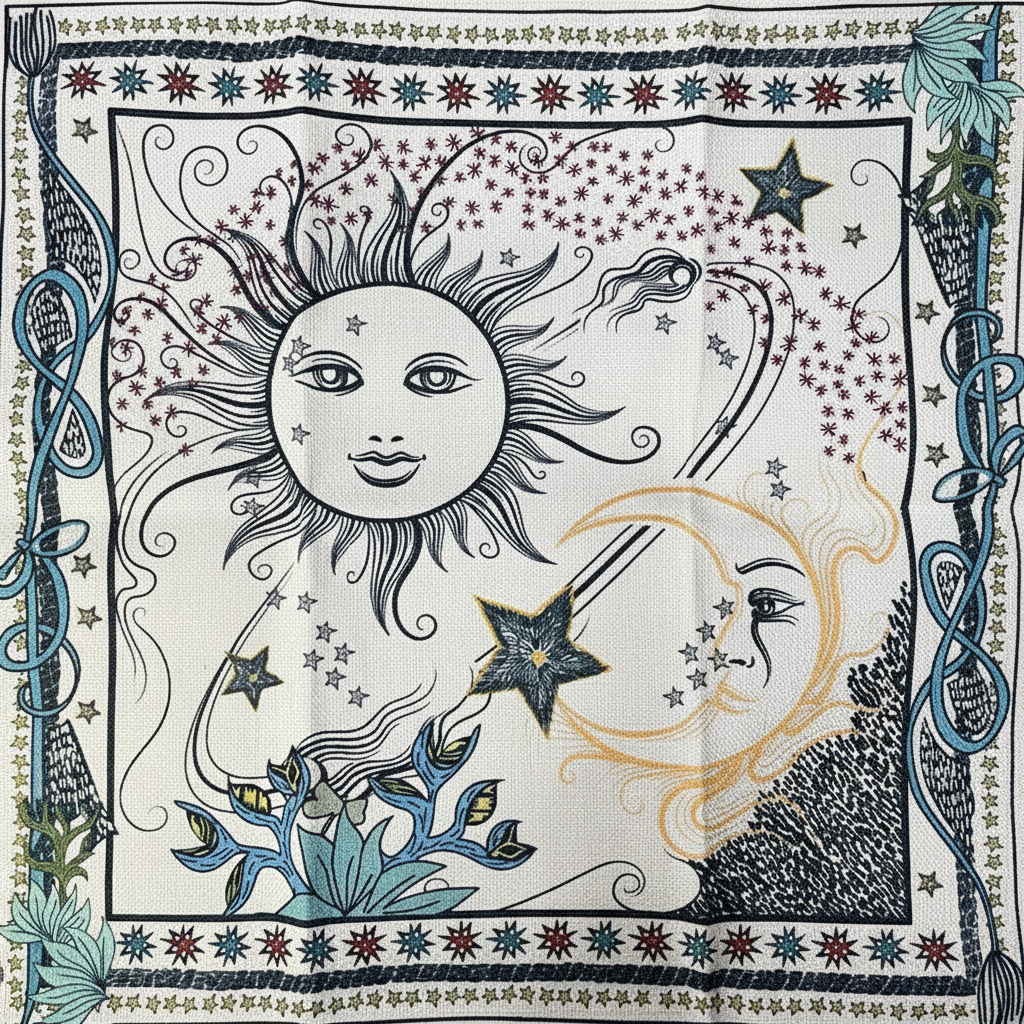 HemRitual Vintage Celestial Sun & Moon Art Cloth - 18" x 18" Natural Linen-Blend Decor
